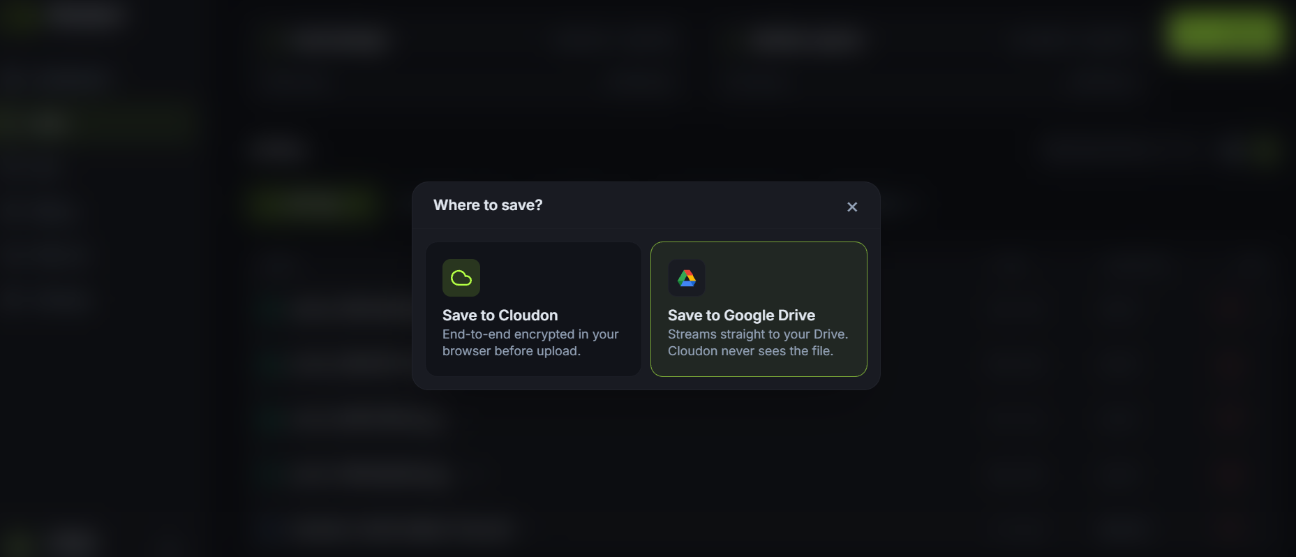 Saving a file from Cloudon to a connected Google Drive account.