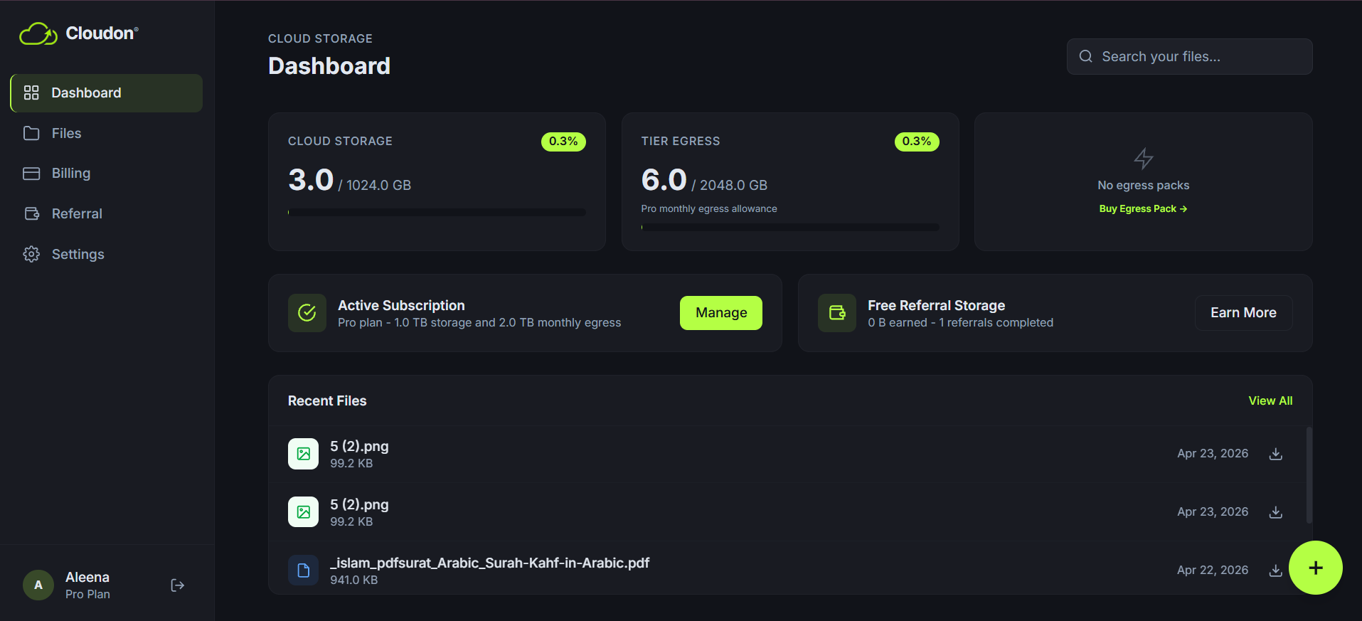 The Cloudon dashboard — sidebar with Dashboard / Files / Billing / Referral / Settings, Cloud Storage and Tier Egress usage cards, and a Recent Files list.