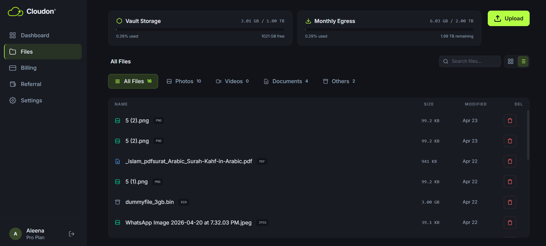 Cloudon dashboard Files page — sidebar with Files highlighted, vault storage and monthly egress meters at the top, file list below.