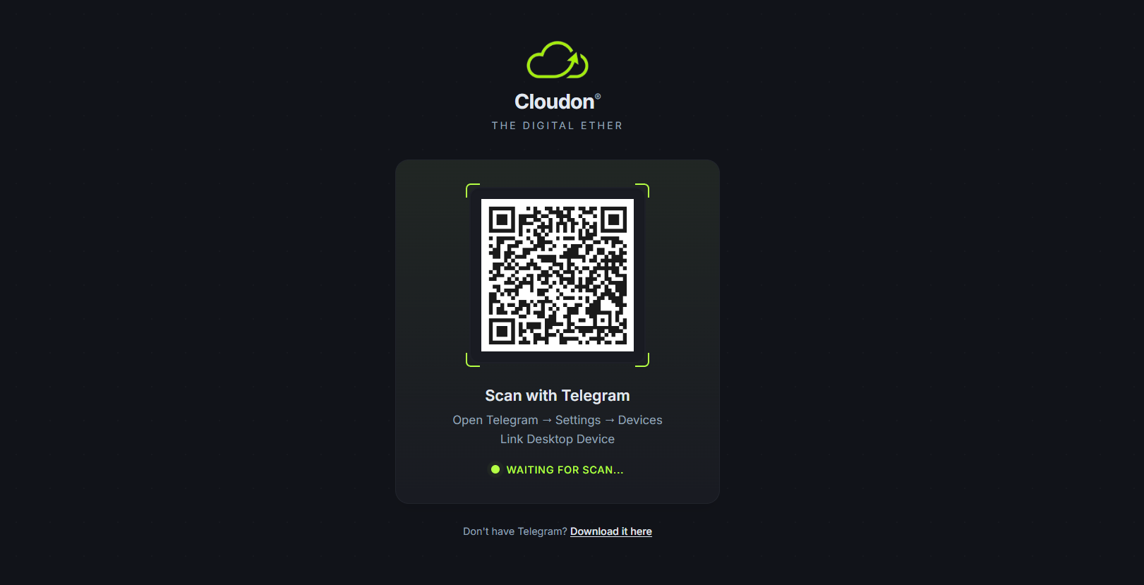 Cloudon dashboard QR login screen — scan with Telegram’s Link Desktop Device.