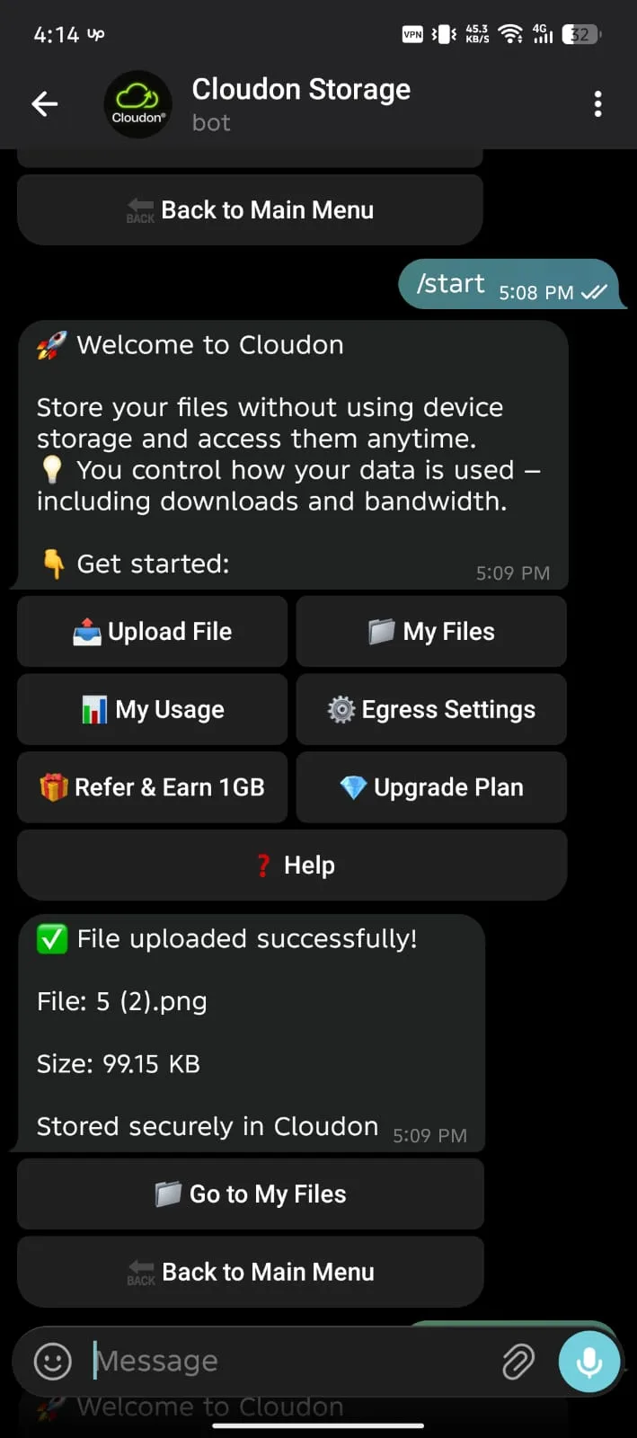 Cloudon bot upload screen in Telegram.
