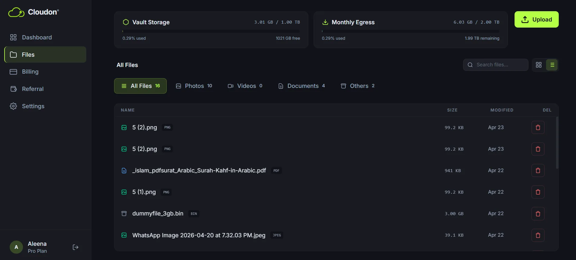Cloudon dashboard Files page — sidebar with Files highlighted, vault storage and monthly egress meters at the top, file list below.