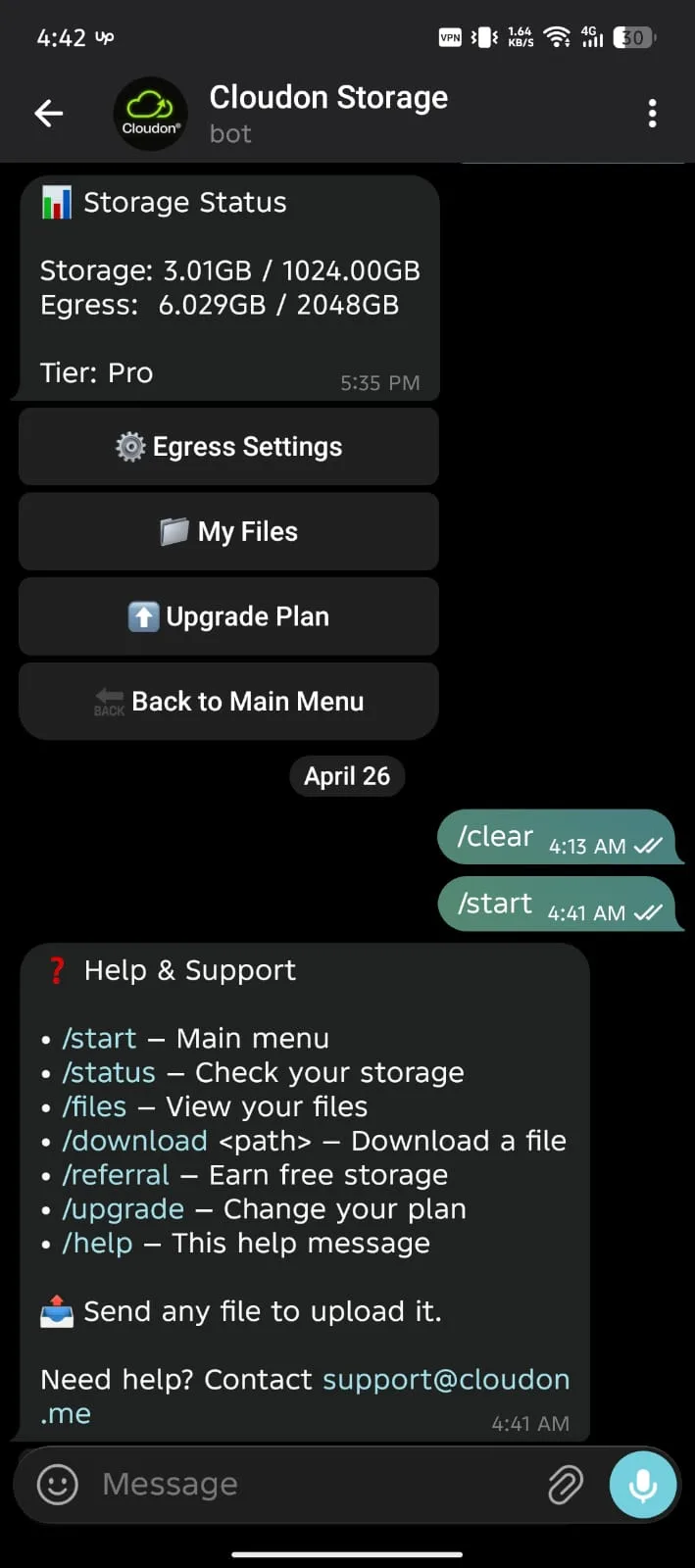 Cloudon help screen in Telegram.
