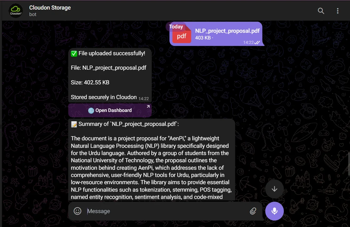 Cloudon Telegram chat — a PDF arrives, the AI replies with a structured summary, the user asks a follow-up about the document.