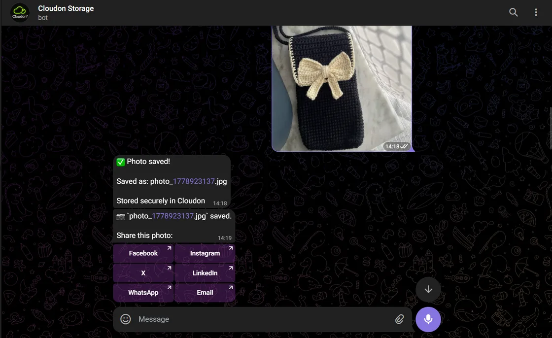 Cloudon Telegram chat — a photo uploads, the bot replies with one-tap share buttons for Facebook, Instagram, X, LinkedIn, WhatsApp, and Email.