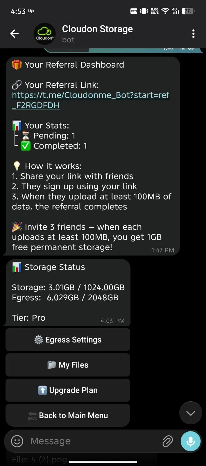 Cloudon referral screen in Telegram.
