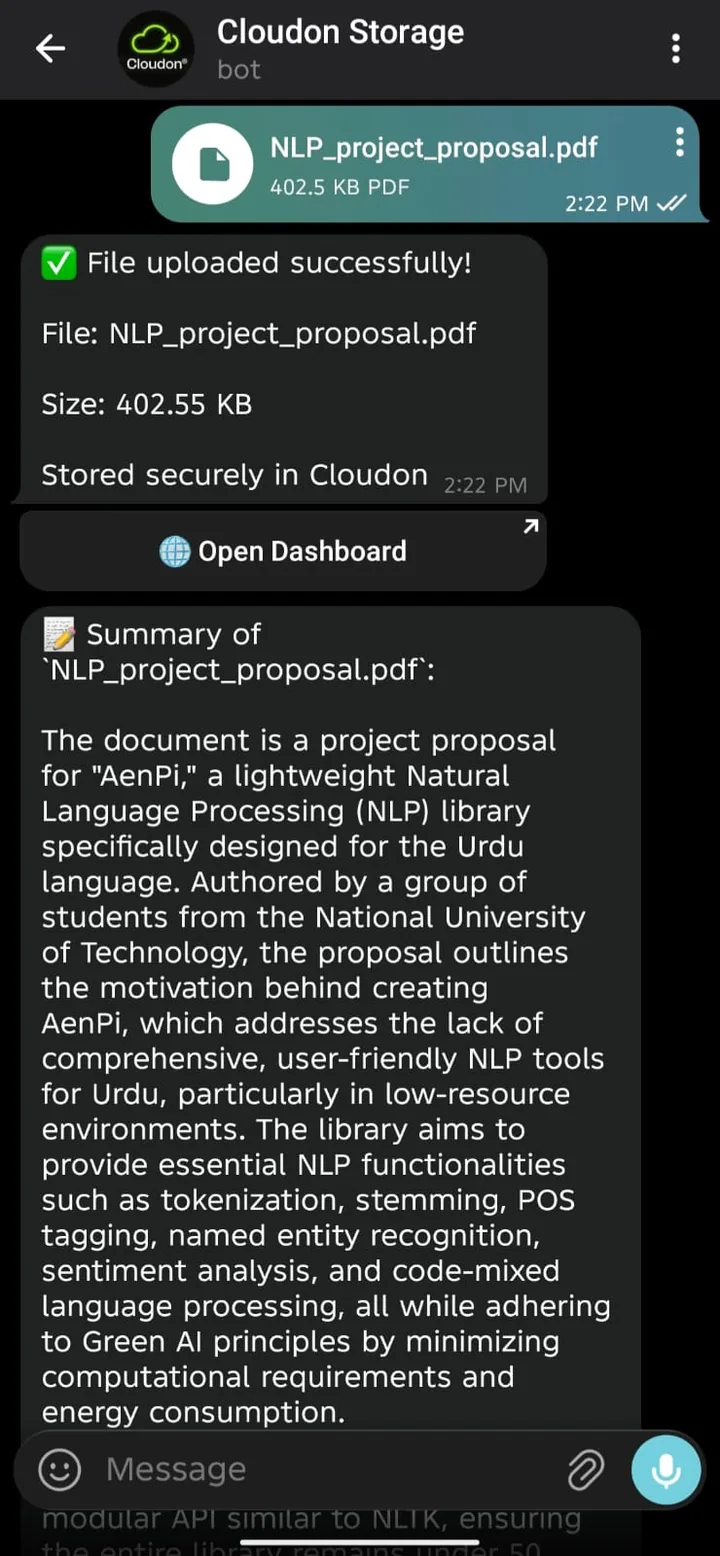 Cloudon Telegram bot summarising an uploaded PDF in chat.